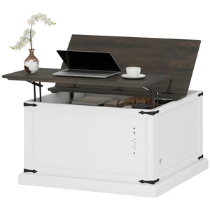 Lift Top Coffee Table with Charging Station, Square Farmhouse Center Table with Hidden Storage, Black Wood Grain
