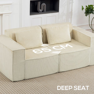 Boneless Couch, Corduroy 3 Seater Sofa with Deep Seat, Wide Armrests, 2 Pillows, Quick Assembly for Living Room, Beige