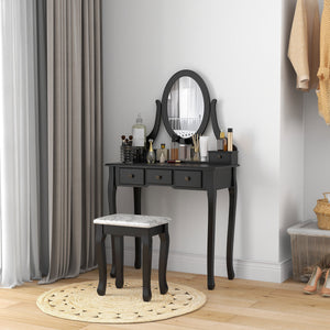 Vanity Desk with Stool, Makeup Vanity with 360° Rotating Oval Mirror, 5 Drawers and Padded Seat, Dressing Table for Bedroom, Black