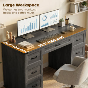 55" Computer Desk with 7 Drawers, Farmhouse Executive Desk for Home Office, Study, Bedroom, Black Wood Grain – view 5
