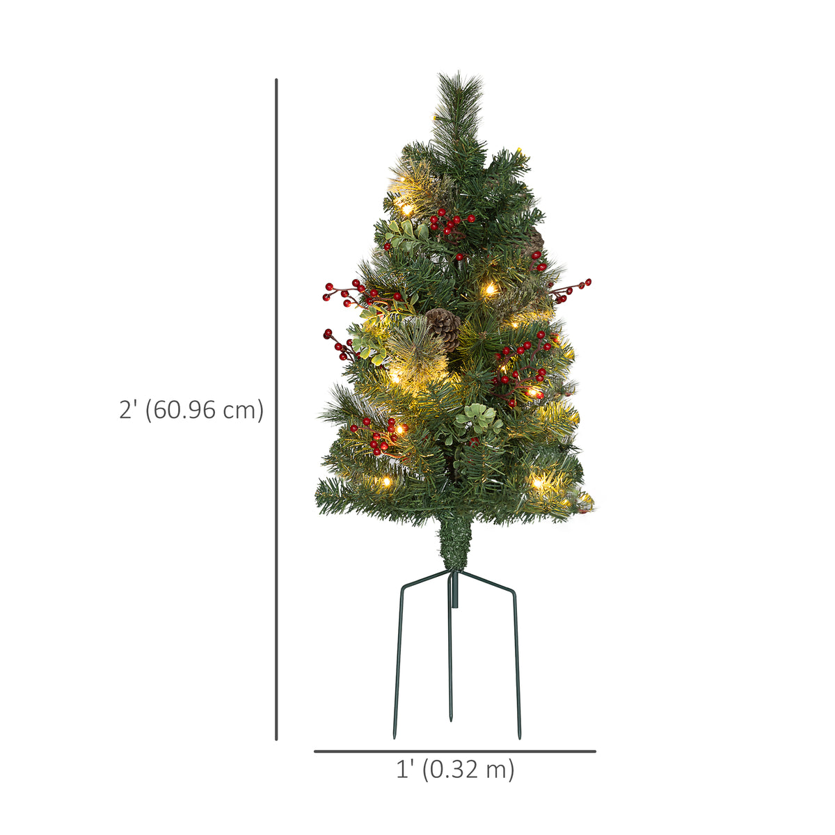 2ft 2 Pack Artificial Christmas Tree, Pre Lit Christmas Tree with Red Berries and Pine Cones, Battery Operated, Green