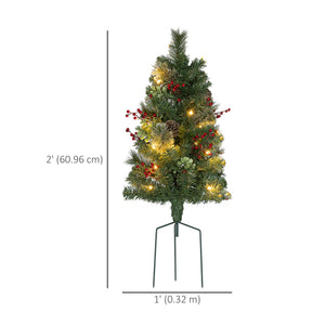 2ft 2 Pack Artificial Christmas Tree, Pre Lit Christmas Tree with Red Berries and Pine Cones, Battery Operated, Green