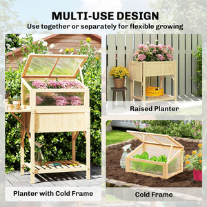 Raised Garden Bed Planter with Cold Frame, Wooden Elevated Planter Box with Folding Side Table and Shelf, Natural Wood