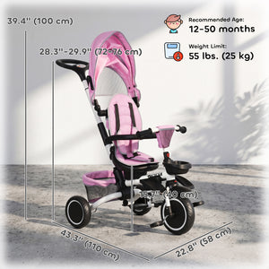 Aosom Tricycle for Toddler 6-in-1 Kids Trike, Foldable Converts Stroller to Baby Push Bike, Adjustable Backrest with Detachable Guardrail & Handle, Brake for 1-4 Years Old