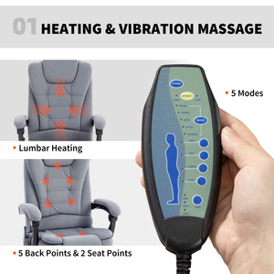 7-Point Vibrating Massage Chair, Reclining Office Chair with Footrest, Reclining Back, Adjustable Height, Grey