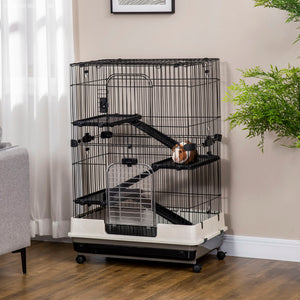 45"H Guinea Pig Cage, 4-Level Rabbit Cage for Ferret, Chinchilla, Hedghog, Bunny, Small Animal Habitat with Wheels, Slide-out Tray, Ramp, Black