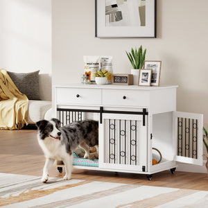 39" Dog Crate Furniture, Dog Kennel Indoor with 2 Drawers, Wheels, Sliding Door, Dog Cage for Medium Large Dogs, Oak