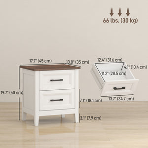Farmhouse Nightstand Set of 2, Bedside Tables with 2 Drawers, Wood-Effect Top, White