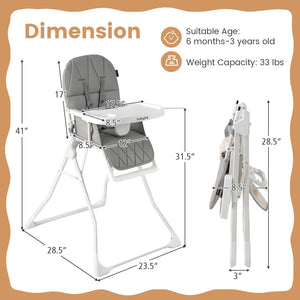 Easy Clean Compact Highchair with Removable Adjustable Tray and PU Seat Cushion-Gray view 5