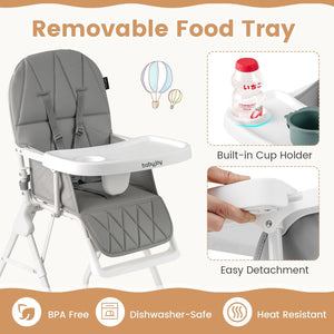 Easy Clean Compact Highchair with Removable Adjustable Tray and PU Seat Cushion-Gray view 6