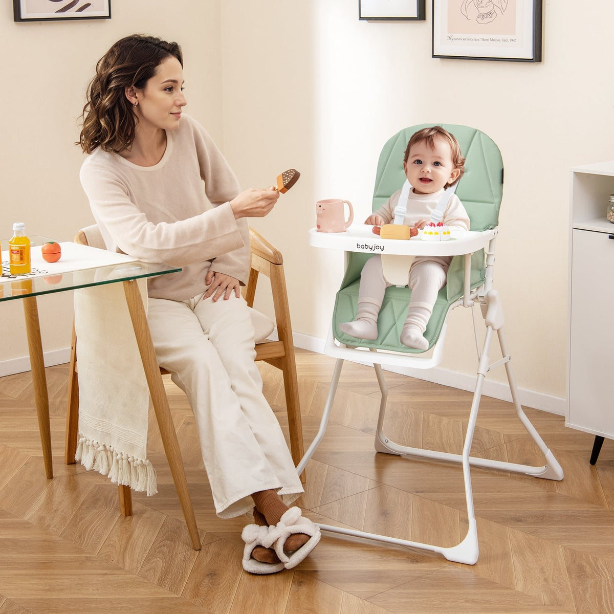 Easy Clean Compact Highchair with Removable Adjustable Tray and PU Seat Cushion-Green view 2