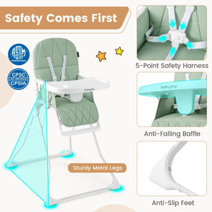 Easy Clean Compact Highchair with Removable Adjustable Tray and PU Seat Cushion-Green view 8