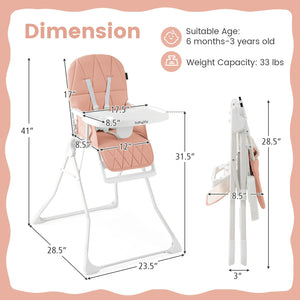 Easy Clean Compact Highchair with Removable Adjustable Tray and PU Seat Cushion-Pink view 5