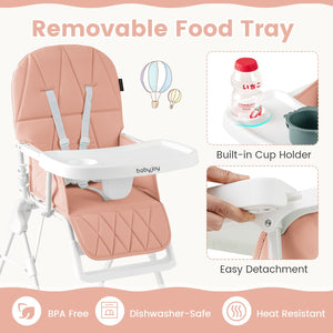 Easy Clean Compact Highchair with Removable Adjustable Tray and PU Seat Cushion-Pink view 7