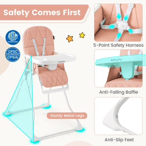 Easy Clean Compact Highchair with Removable Adjustable Tray and PU Seat Cushion-Pink view 8