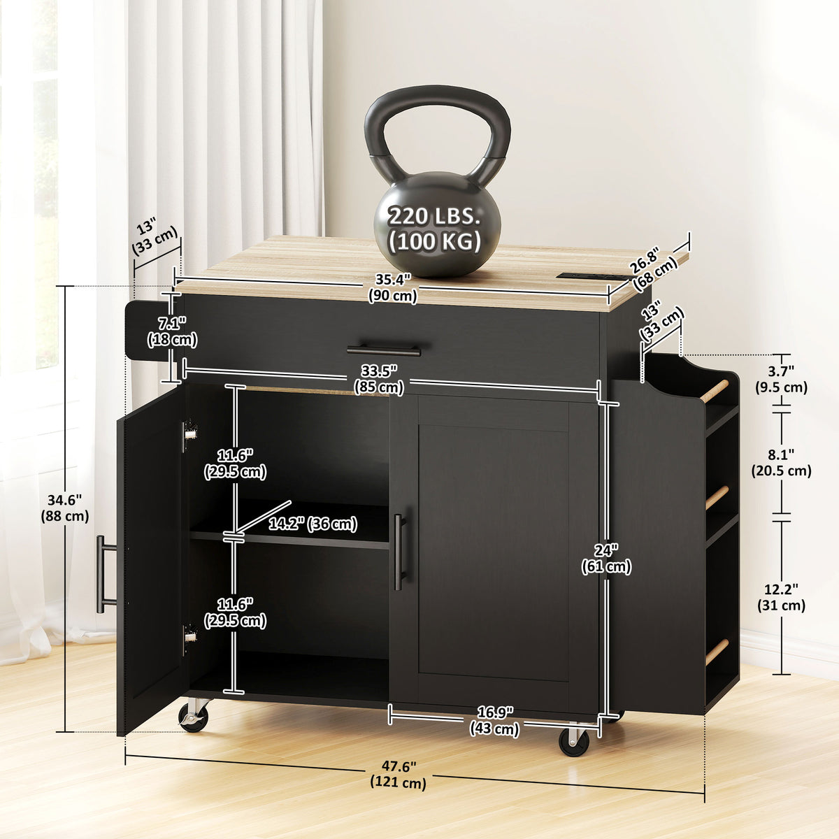 Kitchen Island with Storage, Rolling Kitchen Cart with Foldable Drop Leaf, Power Outlet and USB Ports, Black – view 2