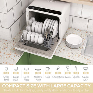 Portable Dishwasher, Counter Dishwasher with 4 Place Settings, 5 Washing Programs, Air-Dry Function, 6L Water Tank