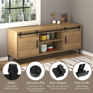 Mini Sliding Barn Door Hardware Kit for Double Doors, TV Stands, Cabinet Barn Door Hardware Kit, Fit 17.7" Wide Door Panel (J Shape), Black