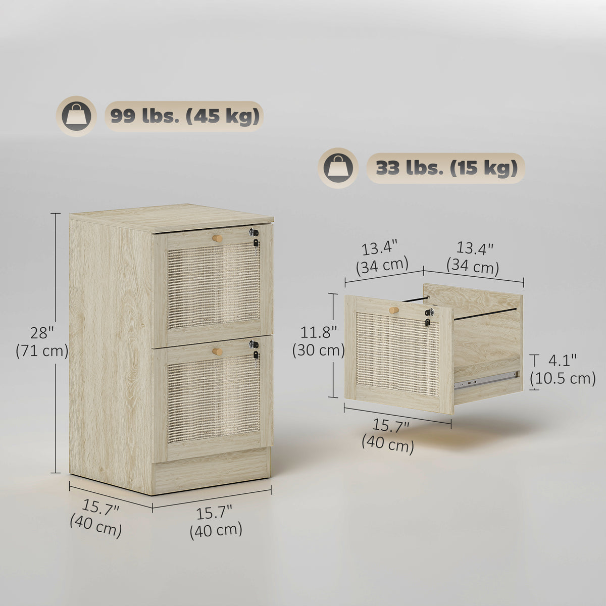 2 Drawer Filing Cabinet with Lock, Boho File Cabinet for A4 Letter Size Files with Decorative Rattan – view 2