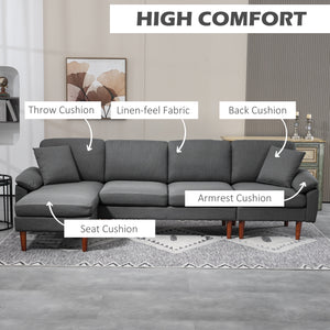 L-Shape Sofa, Modern Sectional Couch with Changeable Chaise Lounge, Pillows and Wooden Legs for Living Room, Dark Grey