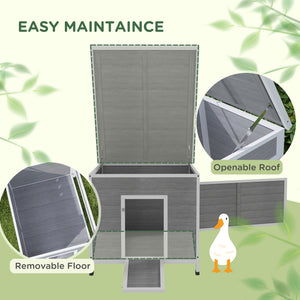 Duck Coop, Wooden Chicken House Rabbit Hutch with Openable Roof, Removable Floor, Double Doors, Ramp, Grey