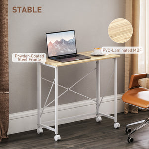 31.5" Home Office Desk, Folding Desk with Wheels for Small Space, Easy Assemblyfor Home Office, Natural Wood Finish