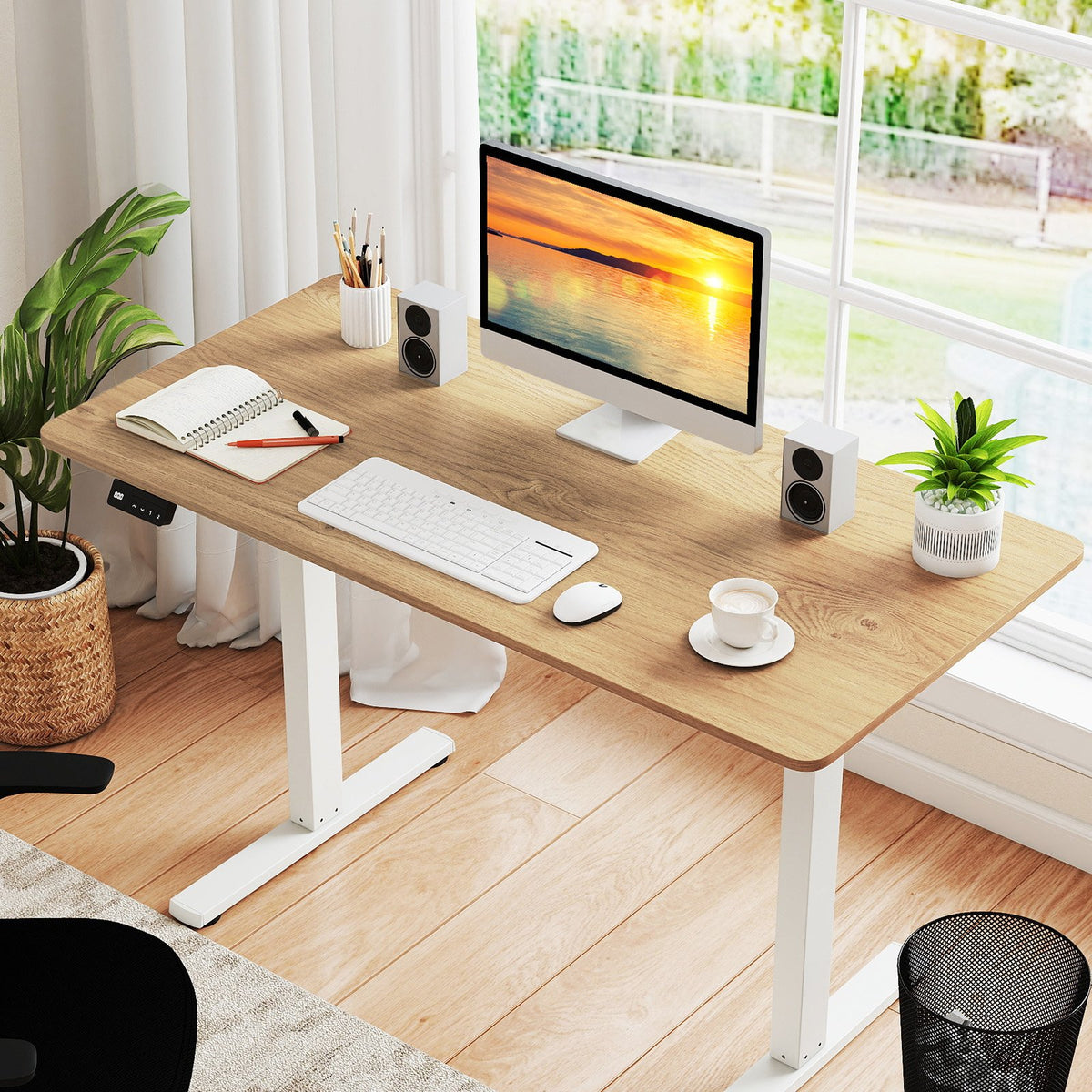 Electric Standing Desk with LED Display and 2 Memory Height Settings-Natural view 2