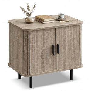 End Table Modern Mid Century Nightstand with Sliding Tambour Doors and Storage Shelf-Natural