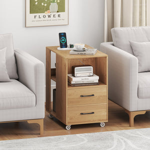 End Table with Built-in Charging Station Sofa Side Bedside Table on Wheels-Natural view 2