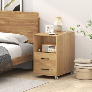 End Table with Built-in Charging Station Sofa Side Bedside Table on Wheels-Natural view 3