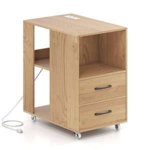End Table with Built-in Charging Station Sofa Side Bedside Table on Wheels-Natural view 4