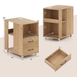 End Table with Built-in Charging Station Sofa Side Bedside Table on Wheels-Natural view 5