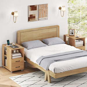 End Table with Built-in Charging Station Sofa Side Bedside Table on Wheels-Natural view 6