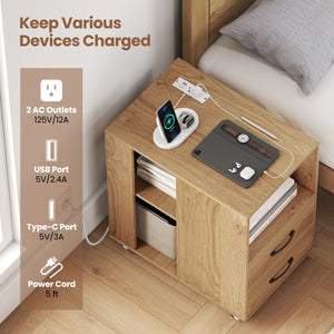 End Table with Built-in Charging Station Sofa Side Bedside Table on Wheels-Natural view 7