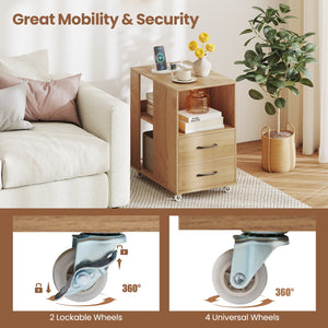 End Table with Built-in Charging Station Sofa Side Bedside Table on Wheels-Natural view 8