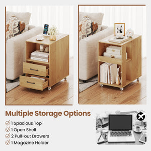 End Table with Built-in Charging Station Sofa Side Bedside Table on Wheels-Natural view 9