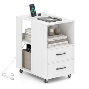 End Table with Built-in Charging Station Sofa Side Bedside Table on Wheels-White