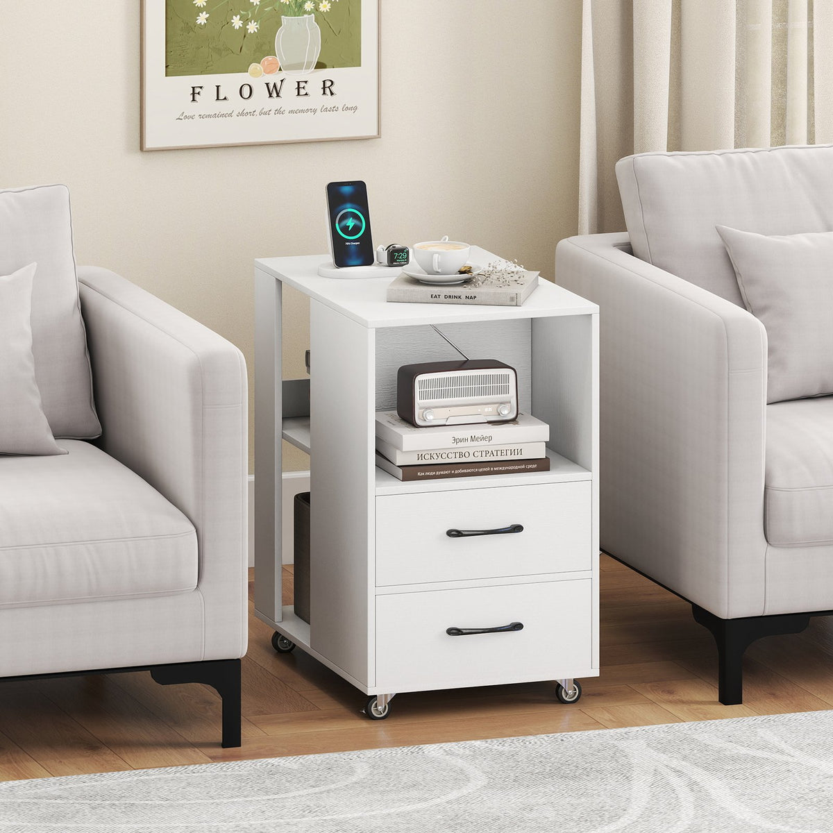 End Table with Built-in Charging Station Sofa Side Bedside Table on Wheels-White view 2