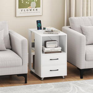 End Table with Built-in Charging Station Sofa Side Bedside Table on Wheels-White view 2