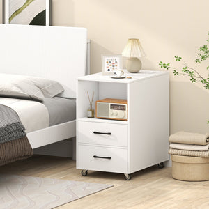 End Table with Built-in Charging Station Sofa Side Bedside Table on Wheels-White view 3