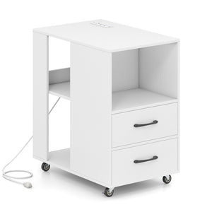 End Table with Built-in Charging Station Sofa Side Bedside Table on Wheels-White view 4