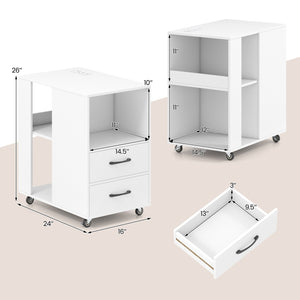 End Table with Built-in Charging Station Sofa Side Bedside Table on Wheels-White view 5