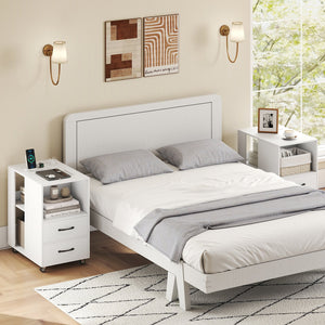 End Table with Built-in Charging Station Sofa Side Bedside Table on Wheels-White view 6