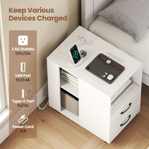 End Table with Built-in Charging Station Sofa Side Bedside Table on Wheels-White view 7
