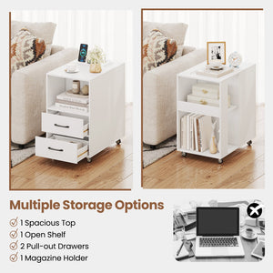 End Table with Built-in Charging Station Sofa Side Bedside Table on Wheels-White view 9