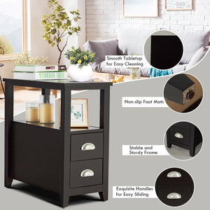 End Table Wooden with 2 Drawers and Shelf Bedside Table-Dark Brown view 9