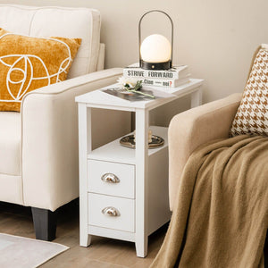 End Table Wooden with 2 Drawers and Shelf Bedside Table-White view 2