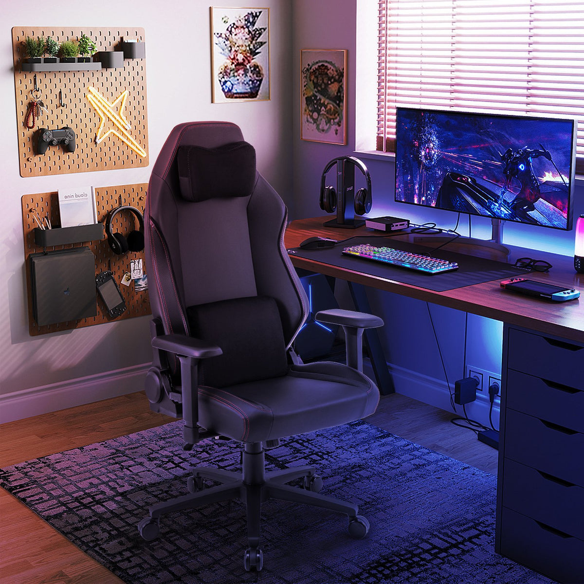 Ergonomic High Back Computer Chair with Magnetic Headrest and Lumbar Pillow-Black view 2