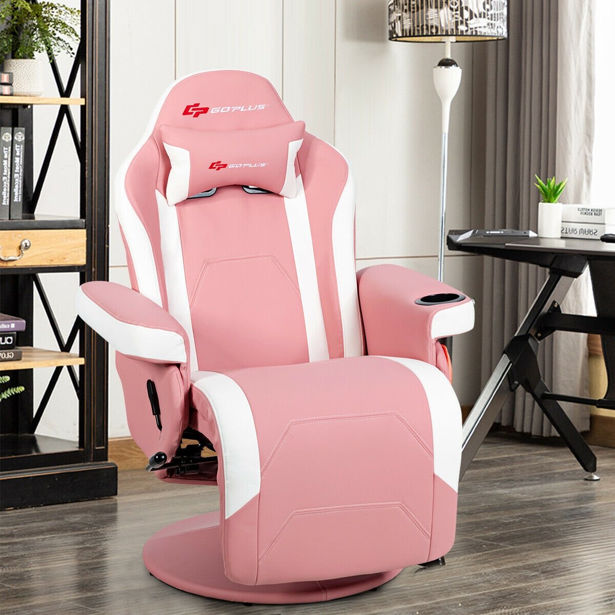 Ergonomic High Back Massage Gaming Chair with Pillow-Pink view 2
