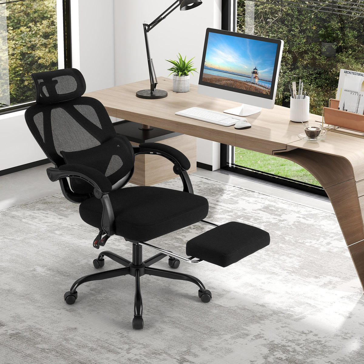 Ergonomic Office Chair High Back Mesh Desk Chair with Retractable Footrest-Black view 2